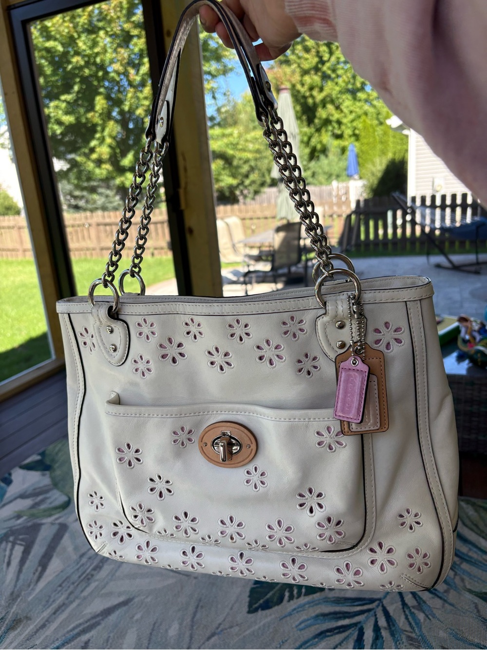 Coach Women's Cream Floral Cutout Tote Bag with Turn-Lock Accent